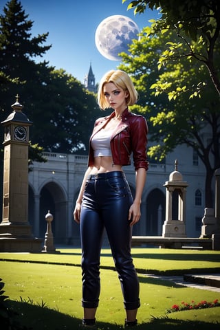((alone:1.5)). ((Solo:1.5)), ((MEDIUM FULL SHOT:1.5)),realistic, masterpiece,best quality,High definition, , high resolution, a 25 years old  woman.  Medium height, Short blonde hair, Blue eyes, Tanned complexion, Kof, Blue Mary, Red Tight leather jacket, short ankle-length combat pants, in the park, moon light, looking at viewer, tree, grass, bridge in the distance, clock tower, flowers, ((looking away:1.2)), focus face, hair movement, 