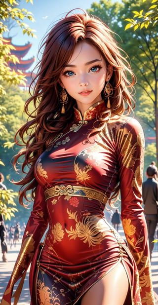 A 25 years old woman in the park, cowboy_shot, A sculptural woman with curly red hair walks through the park in a form-fitting Chinese dress. The warmth in her gaze complements her striking figure, perfectly framed by a beautiful, sunny day. smile, looking away, sun raytracing