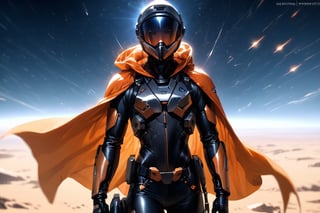 Alone, solo, Badass, ((masterpiece: 1.2)), realistic, masterpiece,best quality,High definition, , high resolution, stunning image, light particles, dust particles, holding, male focus,  orange cape, Desertic tundra, armor,  ((helmet:), futuristic space ships, futuristic pilot suit, 