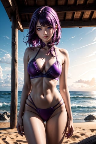 (alone:1.5)). ((Solo:1.5)), ((MEDIUM FULL SHOT:1.5)),realistic, masterpiece,best quality,High definition, (realistic lighting, sharp focus), volumetric light,high resolution, A 25 years old woman in the beach at the sunset, purple bikini, hourglass body, (( shy smile:1.3)), taned skin,  ((purple hair:1.3)), long braided hair, hair movement,raidenshogundef, sexy pose, huge breats