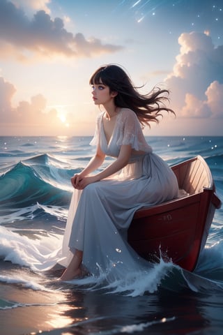  Masterpiece, Best Quality, Photorealistic, High Resolution, 8K Raw), Imagine a brave woman with a determined look, sitting on a giant-sized paper boat. The waves of the sea gently rock her as she looks toward the horizon, searching for her next destination. The paper boat, although it seems fragile, is strong and withstands the waters of the vast ocean.,starry dress, black hair, hair movement, looking away