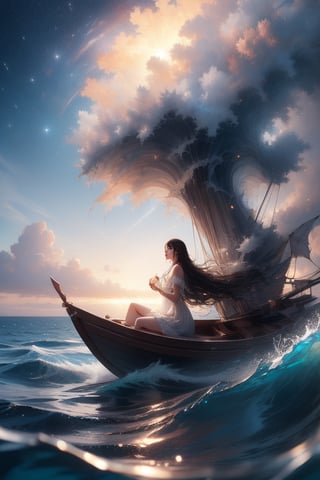  Masterpiece, Best Quality, Photorealistic, High Resolution, 8K Raw), Imagine a brave woman with a determined look, sitting on a giant-sized paper boat. The waves of the sea gently rock her as she looks toward the horizon, searching for her next destination. The paper boat, although it seems fragile, is strong and withstands the waters of the vast ocean.,starry dress, black hair, hair movement, looking away