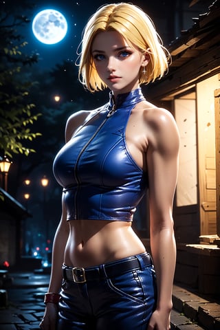 ((alone:1.5)). ((Solo:1.5)), ((MEDIUM FULL SHOT:1.5)),realistic, masterpiece,best quality,High definition, , high resolution, a 25 years old  woman.  Medium height, Short blonde hair, Blue eyes, Tanned complexion, Kof, Blue Mary, Tight leather jacket, short ankle-length combat pants, in the park, moon light, looking at viewer