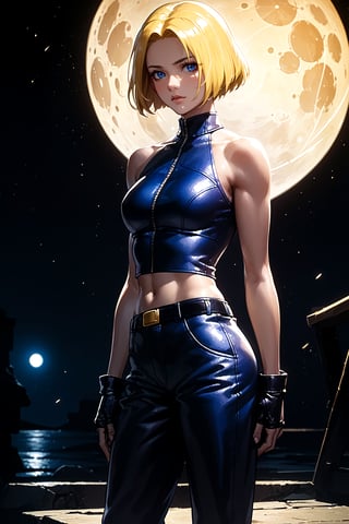 ((alone:1.5)). ((Solo:1.5)), ((MEDIUM FULL SHOT:1.5)),realistic, masterpiece,best quality,High definition, , high resolution, a 25 years old  woman.  Medium height, Short blonde hair, Blue eyes, Tanned complexion, Kof, Blue Mary, Tight leather jacket, short ankle-length combat pants, in the park, moon light, looking at viewer