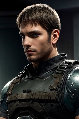 ((alone:1.5)). ((Solo:1.5)), ((MEDIUM FULL SHOT:1.5)),realistic, masterpiece,best quality,High definition, (realistic lighting, sharp focus),  1_boy, solo, looking away, short hair, brown hair, 1boy, male focus, grey shirt, facial hair, shoulder armor, realistic, masculine, muscular, large pecs, arm hair, manly, handsome, charming, alluring, perfect eyes, perfect anatomy, perfect hands, intricate , dust, terror theme
