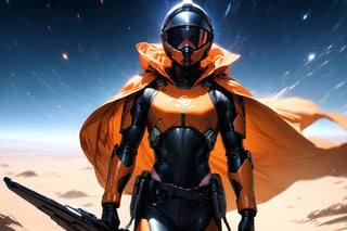 Alone, solo, Badass, ((masterpiece: 1.2)), realistic, masterpiece,best quality,High definition, , high resolution, stunning image, light particles, dust particles, holding, male focus,  orange cape, Desertic tundra, armor,  ((helmet:), futuristic space ships, futuristic pilot suit, 
