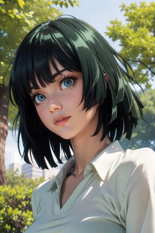 from below a portait of a 28 years old woman in the park, large_breast,  green hair, Short hair,fubuki, looking away, shy smile, 