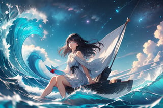 Imagine a brave woman with a determined look, sitting on a giant-sized paper boat. The waves of the sea gently rock her as she looks toward the horizon, searching for her next destination. The paper boat, although it seems fragile, is strong and withstands the waters of the vast ocean.,starry dress, black hair, hair movement, looking away