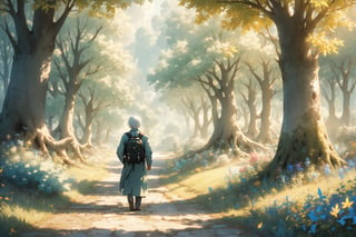  Alone, solo, realistic, masterpiece,best quality,High definition, (realistic lighting, sharp focus), high resolution, volumetric light,, From behind, A man walking alone in a green valley, A day of spring
, Light theme, White hair ,falling leaves, dim light, flowers, beauty day, cloudy sky, traveler backpack, tree leaves in the air

