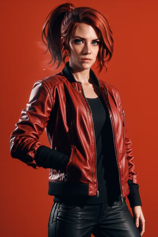 cowboy shot,  jesseC_soul3142, solo, 1girl, red hair, jacket, looking at viewer, realistic,  ponytail, Red theme, hair movement, focus face