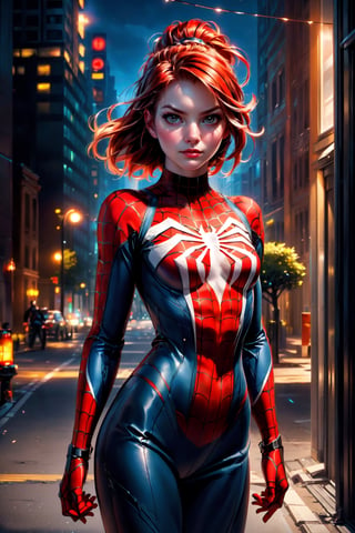 ((Alone:1.4)), ((Solo:1.4)), ((MEDIUM FULL SHOT:1.5)),realistic, masterpiece,best quality,High definition, (realistic lighting, sharp focus), high resolution, ((volumetric light)), outdoors, a 25 years old woman, building roof, Kirsten Dunst like as spider woman, pony tail red hair,spideyadv2, 