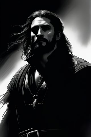 realistic, dark black and white sketch illustration, of a medieval, look to the side, idly, scottish vampire pirate, like Tom Hardy, full body, beard, long hair, in noble historical scottish clothes, fullbody, relaxed pose, look to the side, sideview, cinematic, dramatic light, cinematic light, hard shadows, fog around, in style of Simon Bisley, Brian Froud, Justin Gerard, Tim Bradstreet, Petar Meseldzija, Even Mehl Amundsen, Alan Lee