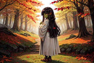 female goblin,(colored skin, green_skin), (dark hair, black_hair, hime cut, long_hair), (cleric clothes, white robes, golden pendants) golden_eyes, 1girl, solo_female, freckles, goblin girl, gobgirlz, medieval fantasy, in a forest, autumn_leaves, fall leaves, looking behind, full body, green skin, skin color green, autumn,