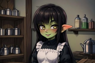 female goblin, (dark hair, black_hair, hime cut, long_hair), yellow eyes, freckles, (colored skin, green_skin), green skin color, blushing, 1girl, smiling, wagashi, white apron, inside an old medieval kitchen, 