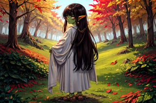 female goblin,(colored skin, green_skin), (dark hair, black_hair, hime cut, long_hair), (cleric clothes, white robes, golden pendants) golden_eyes, 1girl, solo_female, freckles, goblin girl, gobgirlz, medieval fantasy, in a forest, autumn_leaves, fall leaves, looking behind, full body, green skin, skin color green, autumn, green goblin