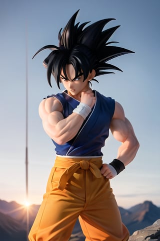 Imagine Goku, the iconic Saiyan warrior from Dragon Ball, standing atop a rocky mountain peak, his vibrant orange gi billowing in the wind. The sun sets behind him, casting a warm golden glow on his muscular physique. The neural network should create a highly realistic depiction of Goku, capturing every intricate detail of his spiky black hair, intense blue eyes, and determined expression. The artwork should showcase his dynamic pose, with one hand clenched into a fist, ready to unleash his immense power.