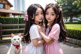 Rani, a bright-eyed 7-year-old with flowing brown hair and emerald green eyes, Mittens, a spunky white cat with black spots
((Rani put on her favorite pink dress and tied her hair with a red ribbon)).
((Lintang had long black hair and big brown eyes)). 

As evening approached, it was time for Rani and Lintang to say goodbye. They promised to meet again at the park the following day. Rani waved goodbye to Lintang and Mittens, and they both walked home with hearts full of happiness.