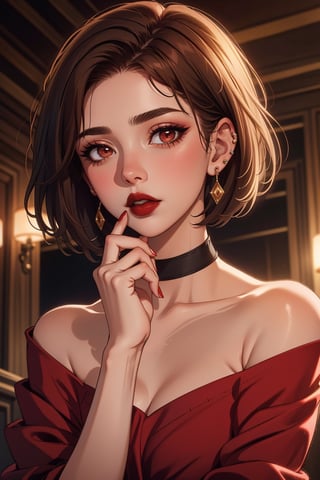 1girl, solo, looking at viewer, short hair, brown hair, holding, jewelry, upper body, earrings, parted lips, hand up, lips, makeup, lipstick, dark red lips,