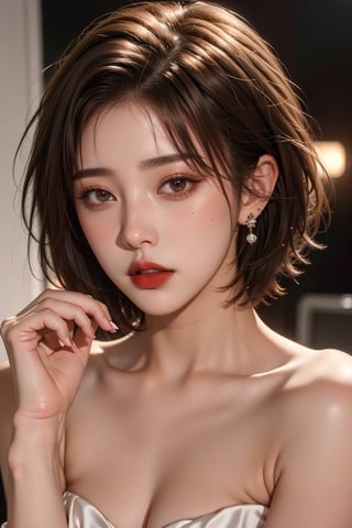 1girl, solo, looking at viewer, short hair, brown hair, holding, jewelry, upper body, earrings, parted lips, hand up, lips, makeup, lipstick, dark red lips,