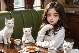 Rani, a bright-eyed 7-year-old with flowing brown hair and emerald green eyes,
((Rani hopped downstairs for breakfast)), accompanied by her adorable furry companion, Mittens. ((Mittens, a spunky white cat with black spots)), was always by Rani's side through thick and thin.