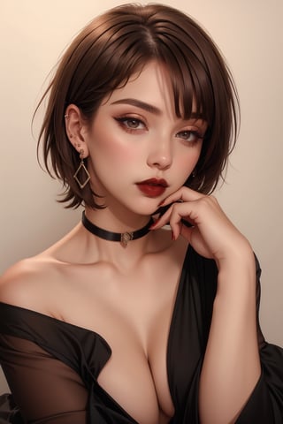 1girl, solo, looking at viewer, short hair, brown hair, holding, jewelry, upper body, earrings, parted lips, hand up, lips, makeup, lipstick, dark red lips,