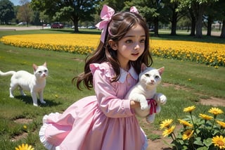 Rani, a bright-eyed 7-year-old with flowing brown hair and emerald green eyes, Mittens, a spunky white cat with black spots
((Rani put on her favorite pink dress and tied her hair with a red ribbon)).

Upon reaching the park, Rani and Mittens were greeted by a vibrant spectacle of color and sound. Flowers bloomed beautifully, butterflies fluttered gracefully, and children played with joyful abandon. Rani and Mittens explored the park with wide-eyed wonder, soaking up every beautiful moment.