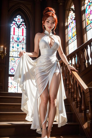 breathtaking Asian woman with cascading fiery red hair tied in a sleek bun descends the grand staircase of a magnificent mansion. Sunlight streams through a stained-glass window, casting colorful diamonds of light across her sparkling silver dress, which shimmers with every step. A confident smile plays on her lips as she gracefully makes her entrance.
