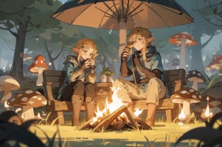 1girl and 1boy, lovely girl, fantasy style, barbeque, campfire, eating mushroom, grassland, smile, evening, sweet mood