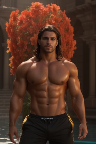 Big muscle, handsome greek god, gorgeous eyes ,flirty look, decorated with masculine flowers , tanned skin , muscled figure , stunningly handsome, alpha, toned light abs attractive , perfect wet skin , highly revealing outfit with extreme detail, dynamic poses ,4k, ultra hd, Anna Dittmann, hyperrealism, trending on artstation, polished, beautiful, , vibrant, photorealistic, backlight, hair light, 8k ultra hd, unreal engine 5,