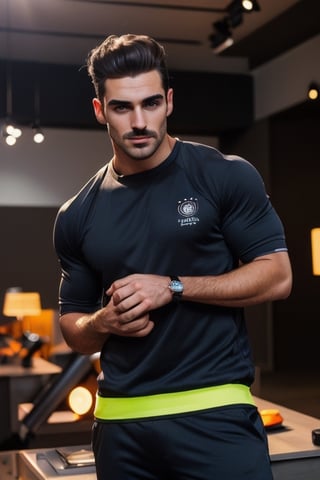 A handsome young france muscle men in modern art style, Thin mustache and thick eyebrows, random facial expressions,  (((Correct facial features))),  perfect face,  Full-length,  Flirting,  flirting,  12K,  Aperture 1.2,  African,  Asia,  India,  Caucasian, ((perfect face)),  slick hair,  enameled,  soft studio lighting,  dynamic pose's,  (((hyper detailed face))),  (((perfect eye,  perfect fingers))),  back light,  colorful, Germany Male,