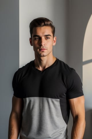 A handsome young france muscle men in modern art style, faint Mustache, and thick eyebrows, random facial expressions,  (((Correct facial features))),  perfect face,  Full-length,  Flirting,  flirting,  12K,  Aperture 1.2,  African,  Asia,  India,  Caucasian, ((perfect face)),  slick hair,  enameled,  soft studio lighting,  dynamic pose's,  (((hyper detailed face))),  (((perfect eye,  perfect fingers))),  back light,  colorful, Germany Male,