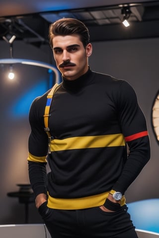 A handsome young france muscle men in modern art style, Thin mustache and thick eyebrows, random facial expressions,  (((Correct facial features))),  perfect face,  Full-length,  Flirting,  flirting,  12K,  Aperture 1.2,  African,  Asia,  India,  Caucasian, ((perfect face)),  slick hair,  enameled,  soft studio lighting,  dynamic pose's,  (((hyper detailed face))),  (((perfect eye,  perfect fingers))),  back light,  colorful, Germany Male,