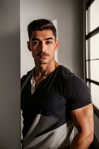 A handsome young france muscle men in modern art style, Thin mustache and thick eyebrows, random facial expressions,  (((Correct facial features))),  perfect face,  Full-length,  Flirting,  flirting,  12K,  Aperture 1.2,  African,  Asia,  India,  Caucasian, ((perfect face)),  slick hair,  enameled,  soft studio lighting,  dynamic pose's,  (((hyper detailed face))),  (((perfect eye,  perfect fingers))),  back light,  colorful, Germany Male,