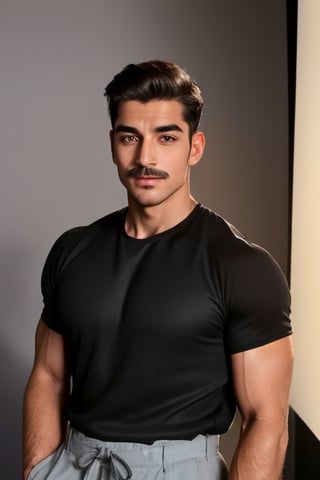 A handsome young france muscle men in modern art style, Thin mustache and thick eyebrows, random facial expressions,  (((Correct facial features))),  perfect face,  Full-length,  Flirting,  flirting,  12K,  Aperture 1.2,  African,  Asia,  India,  Caucasian, ((perfect face)),  slick hair,  enameled,  soft studio lighting,  dynamic pose's,  (((hyper detailed face))),  (((perfect eye,  perfect fingers))),  back light,  colorful, Germany Male,