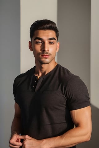 A handsome young france muscle men in modern art style, Thin mustache and thick eyebrows, random facial expressions,  (((Correct facial features))),  perfect face,  Full-length,  Flirting,  flirting,  12K,  Aperture 1.2,  African,  Asia,  India,  Caucasian, ((perfect face)),  slick hair,  enameled,  soft studio lighting,  dynamic pose's,  (((hyper detailed face))),  (((perfect eye,  perfect fingers))),  back light,  colorful, Germany Male,