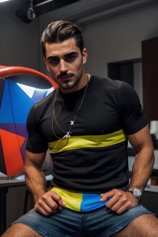 A handsome young france muscle men in modern art style, Thin mustache and thick eyebrows, random facial expressions,  (((Correct facial features))),  perfect face,  Full-length,  Flirting,  flirting,  12K,  Aperture 1.2,  African,  Asia,  India,  Caucasian, ((perfect face)),  slick hair,  enameled,  soft studio lighting,  dynamic pose's,  (((hyper detailed face))),  (((perfect eye,  perfect fingers))),  back light,  colorful, Germany Male,