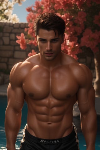 Big muscle, handsome greek god, gorgeous eyes ,flirty look, decorated with masculine flowers , tanned skin , muscled figure , stunningly handsome, alpha, toned light abs attractive , perfect wet skin , highly revealing outfit with extreme detail, dynamic poses ,4k, ultra hd, Anna Dittmann, hyperrealism, trending on artstation, polished, beautiful, , vibrant, photorealistic, backlight, hair light, 8k ultra hd, unreal engine 5,