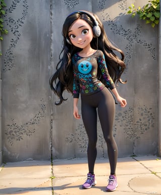 warm light room Beautiful woman with dark long hair against a grey beton background.over-the-ear headphones Smile,black tights top,Girl,full_body,vonnyfelicia,intricate printing pattern ,3d animation,disney pixar style