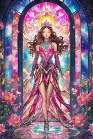 Masterpiece, 16k, highres, Celestial, Floral boarder, The star art nouveau tarot card, full body view, The Star tarot card with Art Nouveau flair, synthwave and Art Nouveau hybrid style, stained glass aesthetic, stained glass dress, floral border, bold and flowing lines, dynamic composition mixing futuristic synthwave elements with organic Art Nouveau patterns, intricate floral and vine motifs intertwined with geometric shapes,  low cut sultry flowing white silver iridescent dress, stained glass armor, Japanese teenage girl, high quality, straight long golden brown brown hair, heterochromia blue eyes, stars, celestial, celestial, stars, galaxies, big yabos, armor adorned with Art Nouveau inspired patterns, digital grid landscapes accented with natural forms, neon-like outline effects reminiscent of stained glass, crown, age 18, realistic body skin, white teeth, tilak on forhead ((wearing pink black blouse)),neckless and earring,Makeup,beautiful,detailed eyes,detailed lips,portrait,endless beauty, smile on face,((standing in front of kedarnath temple))red lipstik,pov_eye_contact,very fit, very athletic, naughty poses, hyperdetailed,full body, head to toe ,Anime Style, tender face, innocent face, sensual face,amazing quality