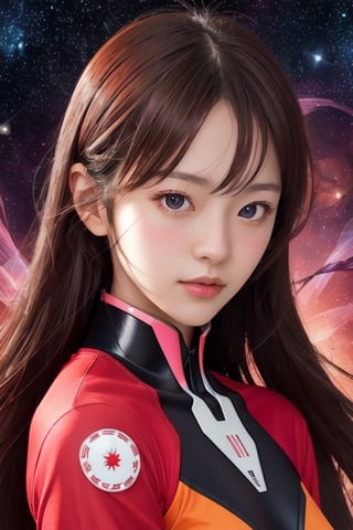 portrait of a beautiful japanese-german girl,bizarre,floral,Luminous,ethereal space background, red neon genesis evangelion outfit, ,weapon