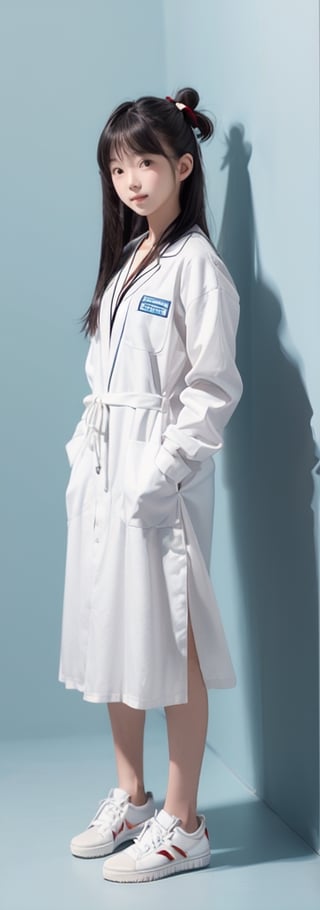 1girl,solo, full body, long hair, glasses, ((white lab gown)), looking at viewer, blue background, black hair, standing, simple background, two side up, blue eyes, lips, closed mouth, red ribbon, hair ribbon, bangs, sneakers, parted bangs, buns, nose, Haerin_NJ