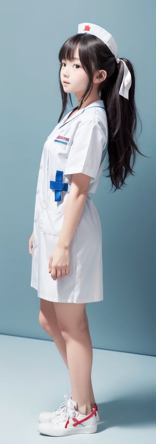 1girl,solo, full body, long hair, ((white nurse uniform)), looking at viewer, blue background, black hair, standing, simple background, two side up, blue eyes, lips, closed mouth, red ribbon, hair ribbon, bangs, sneakers, parted bangs, buns, nose, Haerin_NJ