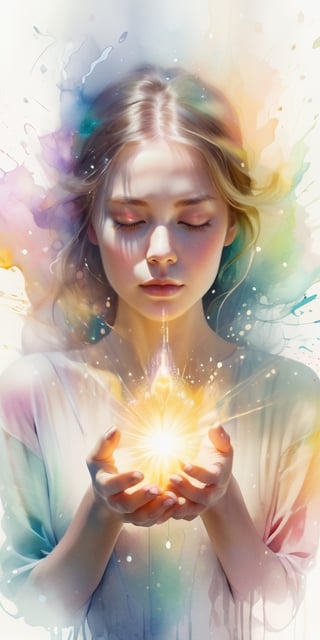 A woman with her hands holding a glowing light in her hands, ethereal, on a white background, with watercolor splatter, an interplay of pastel hues and rainbow colors, with a double exposure effect, golden rays emanating from the center, a soft glow, a mysterious aura, ethereally beautiful, with soft edges, delicate details, a celestial energy radiance, whimsical, a surreal atmosphere, dreamy, with watercolor splashes in the style of Yoji Shinkawa and colorful pastel tones in the style of Greg Rutkowski, with detailed light effects, dreamy and ethereal, with delicate brushstrokes, high quality, high resolution, high detail