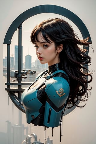 half body shot, 1girl, pureerosface_v1, blue mecha suit, minimalism, cybercity background, Fisheyes, masterpieces, top quality, best quality, official art, beautiful and aesthetic, animation, from side, BJ_Oil_painting, ,4esthet1c