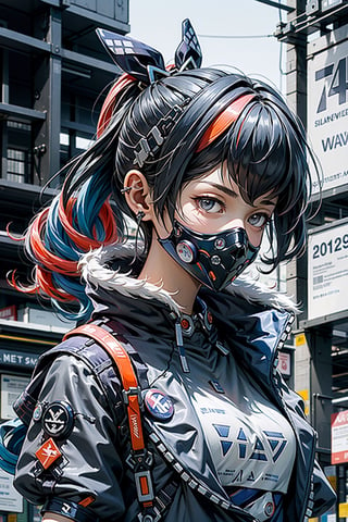 Defaults17Style, 1girl, jewelry, solo BREAK ()magazine cover)), masterpiece, best quality, highres, (multicolored hair:1.1), beautiful face, clas, awesome pose,SilverWolfV5, ,urban techwear, mask