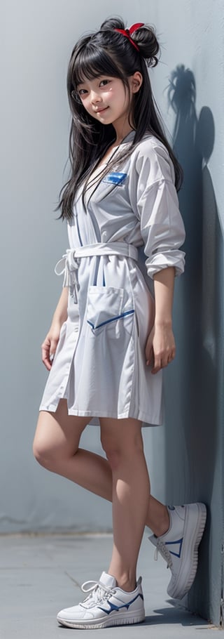 1girl,solo, full body, long hair, glasses, ((white lab gown)), looking at viewer, blue background, black hair, standing, simple background, two side up, blue eyes, lips, closed mouth, red ribbon, hair ribbon, bangs, sneakers, parted bangs, buns, nose, Haerin_NJ