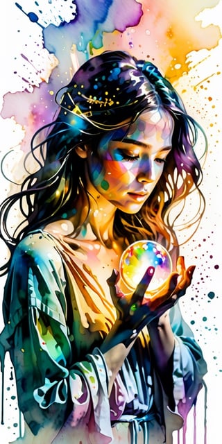 A woman with her hands holding a glowing light in her hands, ethereal, on a white background, with watercolor splatter, an interplay of pastel hues and rainbow colors, with a double exposure effect, golden rays emanating from the center, a soft glow, a mysterious aura, ethereally beautiful, with soft edges, delicate details, a celestial energy radiance, whimsical, a surreal atmosphere, dreamy, with watercolor splashes in the style of Yoji Shinkawa and colorful pastel tones in the style of Greg Rutkowski, with detailed light effects, dreamy and ethereal, with delicate brushstrokes, high quality, high resolution, high detail