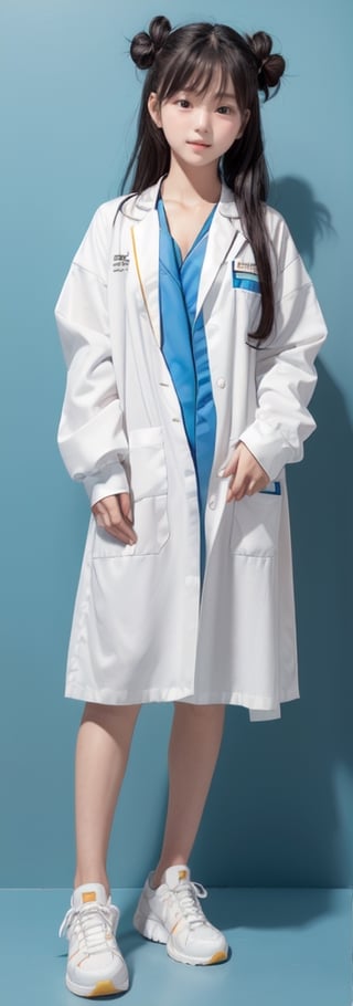 1girl,solo, full body, long hair, glasses, ((white lab gown)), looking at viewer, blue background, black hair, standing, simple background, two side up, blue eyes, lips, closed mouth, red ribbon, hair ribbon, bangs, sneakers, parted bangs, buns, nose, Haerin_NJ