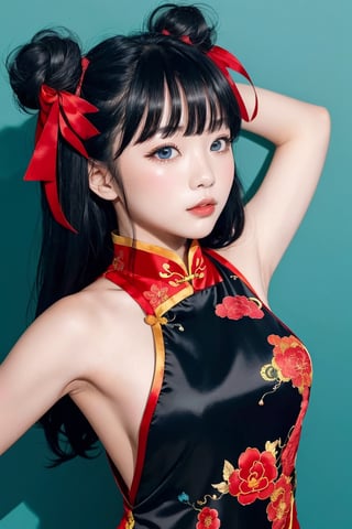 1girl,solo, long hair, red pastel cheongsam dress, looking at viewer, blue background, black hair, simple background, two side up, blue eyes, lips, closed mouth, red ribbon, hair ribbon, bangs, upper body, parted bangs, buns, nose, Cleavage, cerebrating chinese new year, year of the dragon