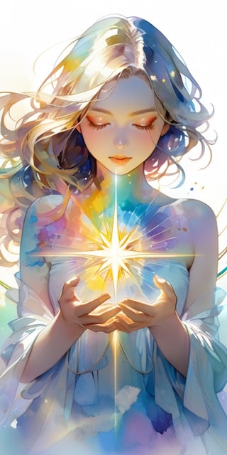 A woman with her hands holding a glowing light in her hands, ethereal, on a white background, with watercolor splatter, an interplay of pastel hues and rainbow colors, with a double exposure effect, golden rays emanating from the center, a soft glow, a mysterious aura, ethereally beautiful, with soft edges, delicate details, a celestial energy radiance, whimsical, a surreal atmosphere, dreamy, with watercolor splashes in the style of Yoji Shinkawa and colorful pastel tones in the style of Greg Rutkowski, with detailed light effects, dreamy and ethereal, with delicate brushstrokes, high quality, high resolution, high detail